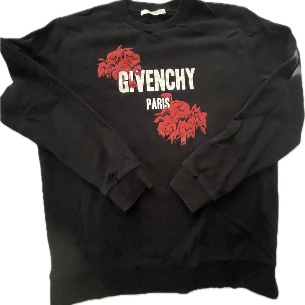 Givenchy Black Crewneck Sweater with Red Floral Design